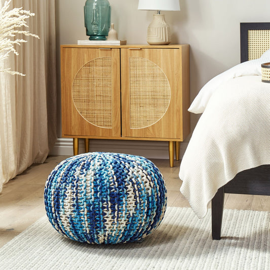 Knitted Pouf Ottoman White and Blue 50 x 35cm