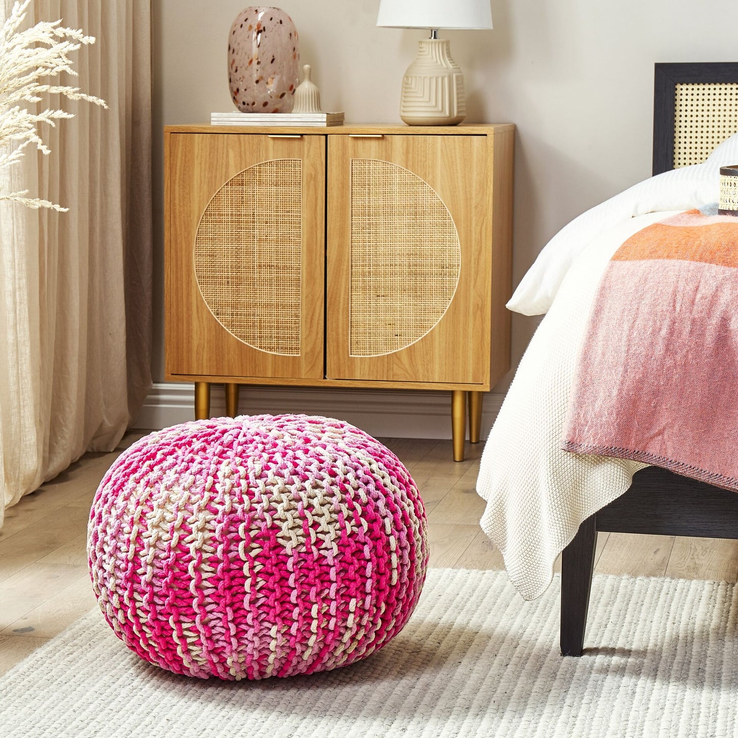 Pouf Ottoman 50 x 35cm White Pink Knitted Cotton Beads Filling