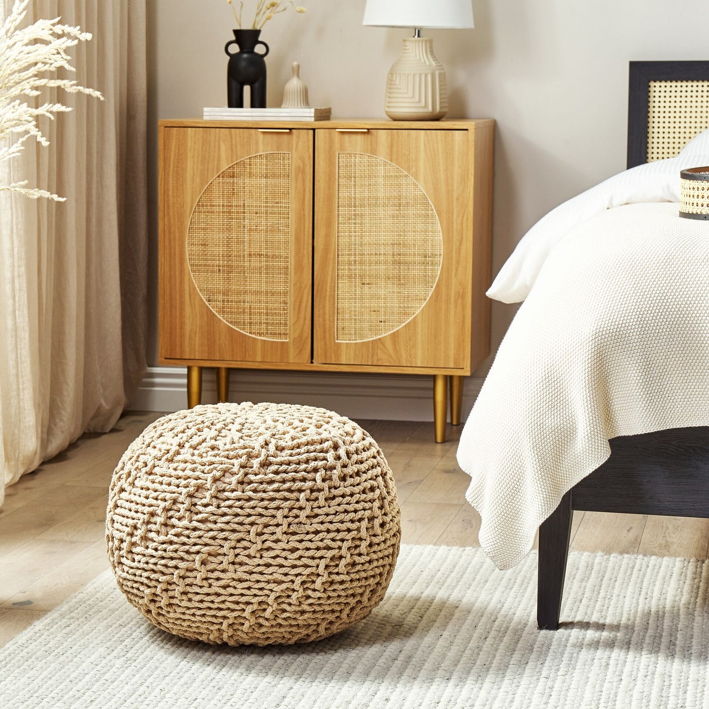 Round Pouf Ottoman Beige 50 x 35cm Knitted Cotton EPS Beads
