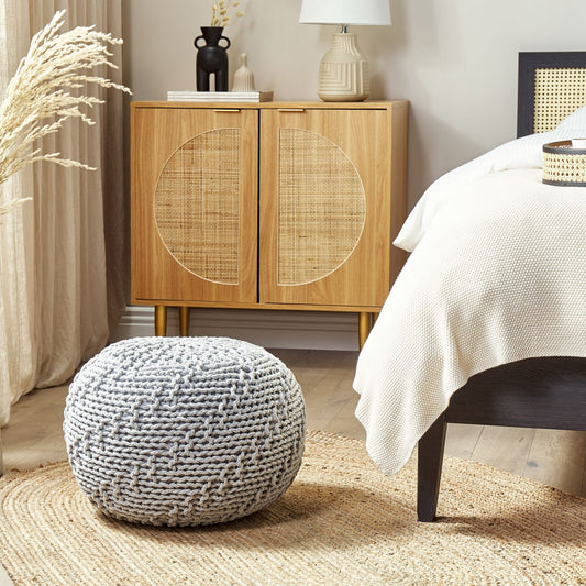 Pouf Ottoman Grey 50 x 35cm Knitted Cotton EPS Beads Filling Round Footstool