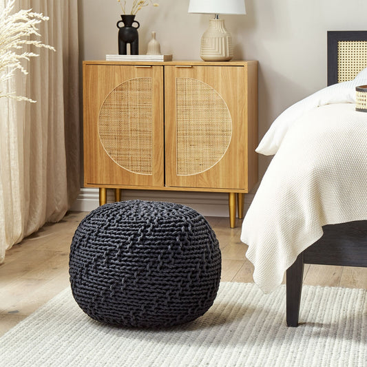 Pouf Ottoman Black 50 x 35cm Knitted Cotton EPS Beads Footstool Round Cozy