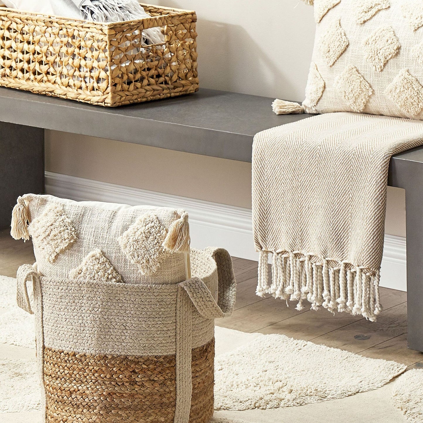 Beige and White Jute Cotton Braided Storage Basket Hamper
