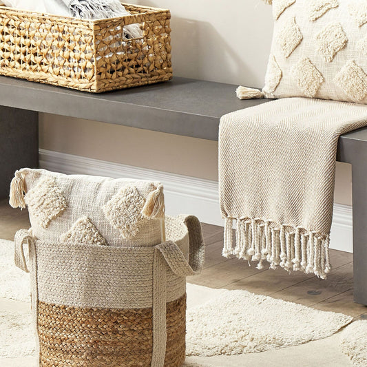 Beige and White Jute Cotton Braided Storage Basket Hamper