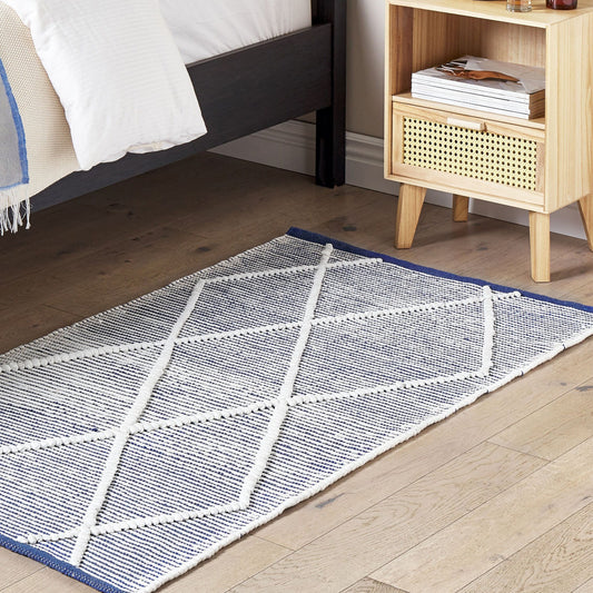 Cotton Hand Woven Area Rug White And Blue 80 x 150cm Rectangular Modern Design Elegant Texture