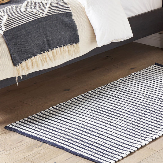 Area Rug White And Blue Cotton 80 X 150cm Rectangular Hand Woven Modern Design For Living Room