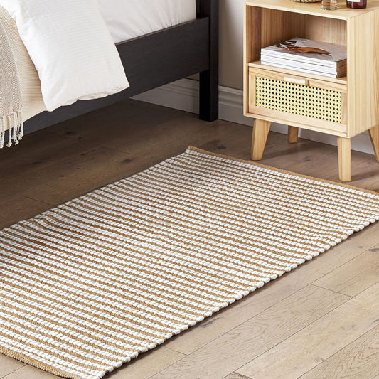 Loom and Leaf Cotton Area Rug 80 x 150cm Hand Woven White Brown Modern