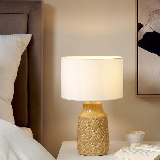 Table Lamp Yellow Ceramic Glossy Base, Linen Shade