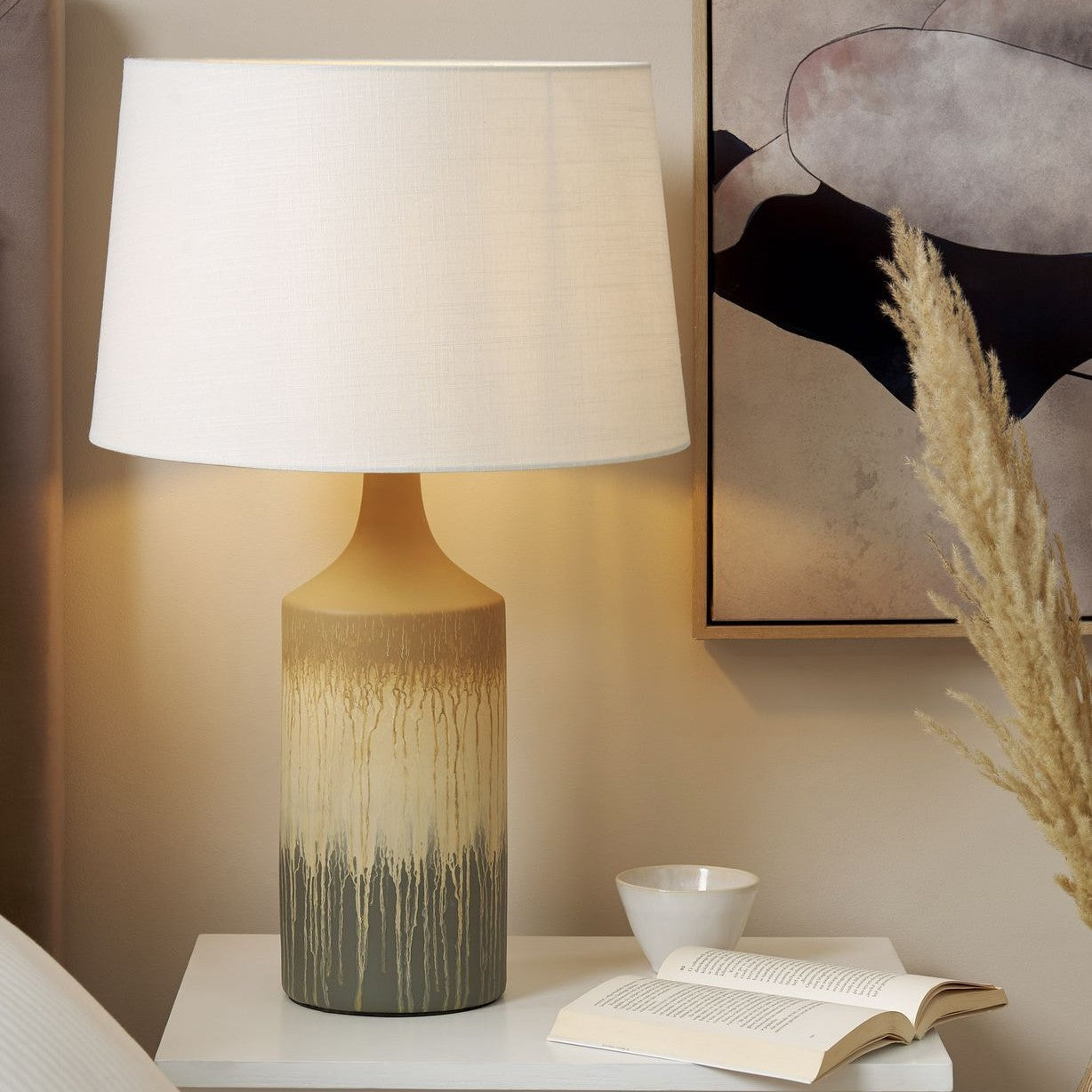 Table Lamp Beige Grey Ceramic Base Fabric Shade