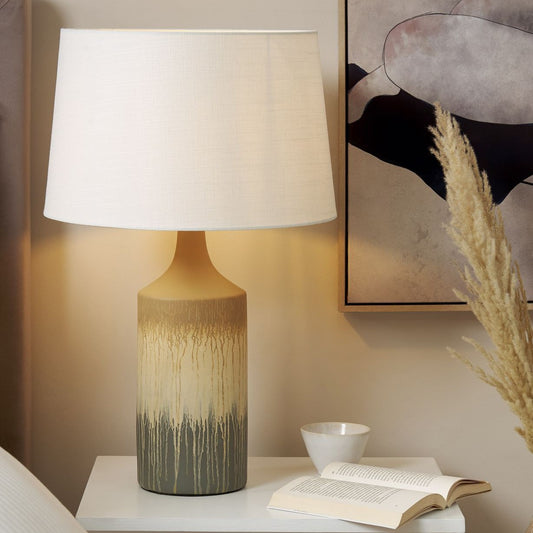 Table Lamp Beige Grey Ceramic Base Fabric Shade