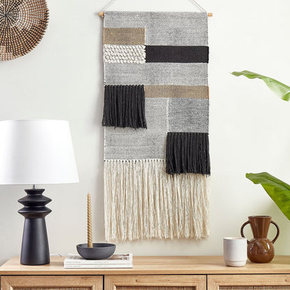 Loom Co Boho Wall Hanging Beige and Black Cotton 46 x 114cm Handwoven with Tassels