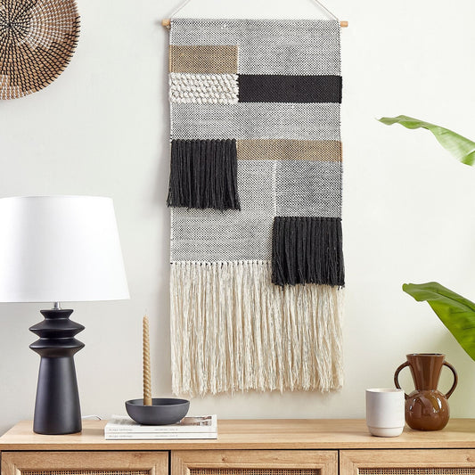 Loom Co Boho Wall Hanging Beige and Black Cotton 46 x 114cm Handwoven with Tassels