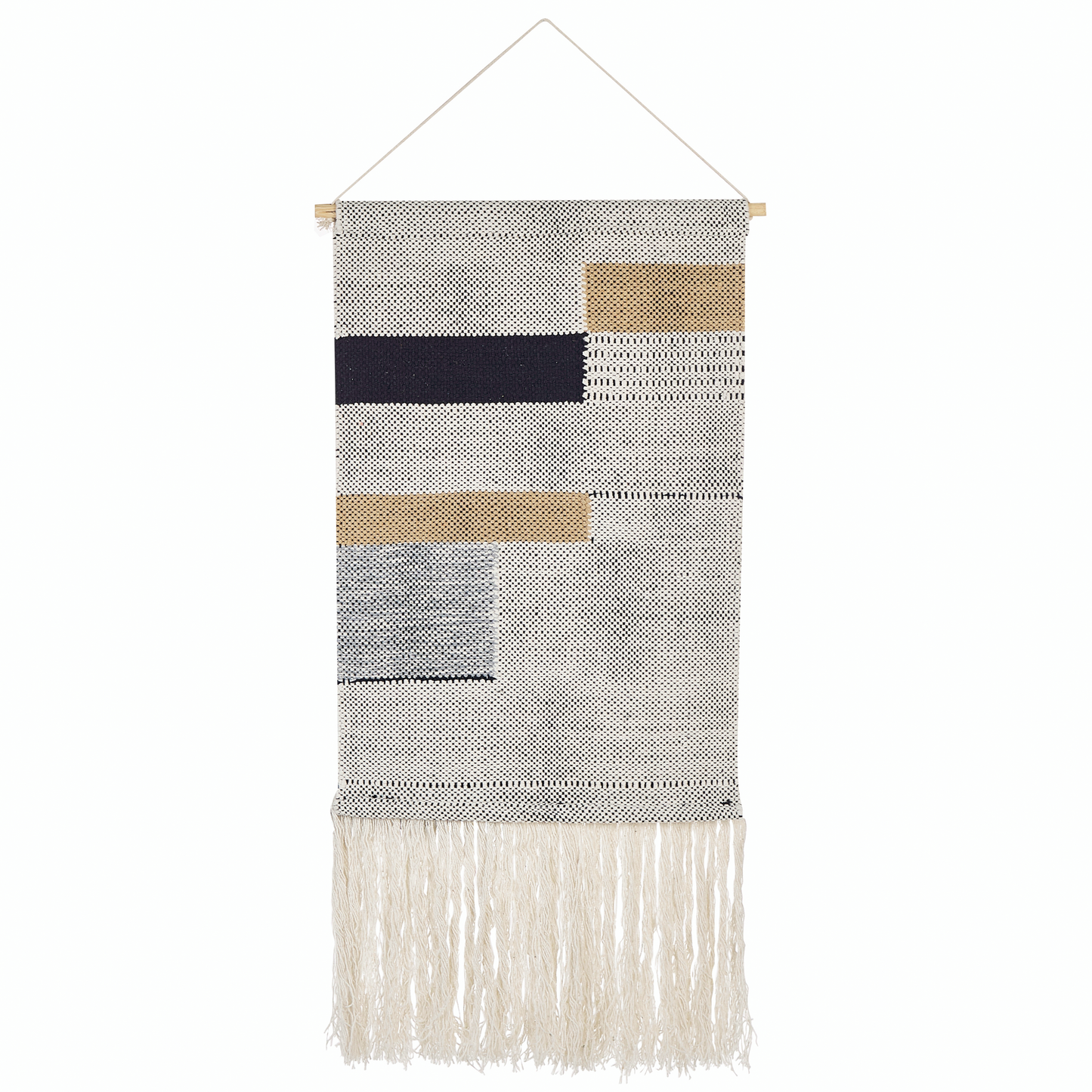 Loom Co Boho Wall Hanging Beige and Black Cotton 46 x 114cm Handwoven with Tassels