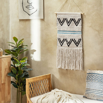 Handwoven Wall Hanging Beige Black Cotton 42 x 113cm Tassels Geometric Boho Decor