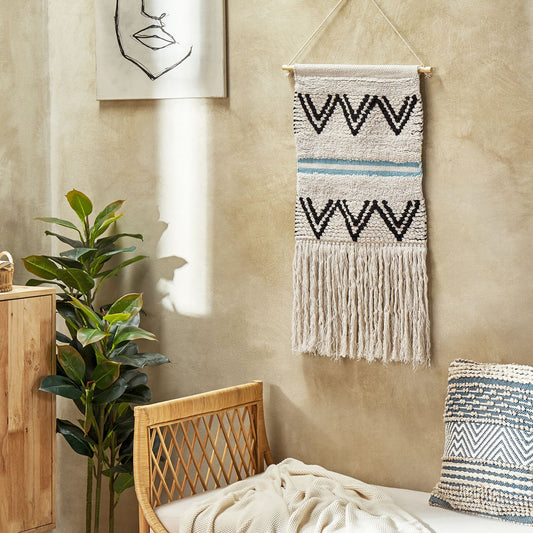 Handwoven Wall Hanging Beige Black Cotton 42 x 113cm Tassels Geometric Boho Decor