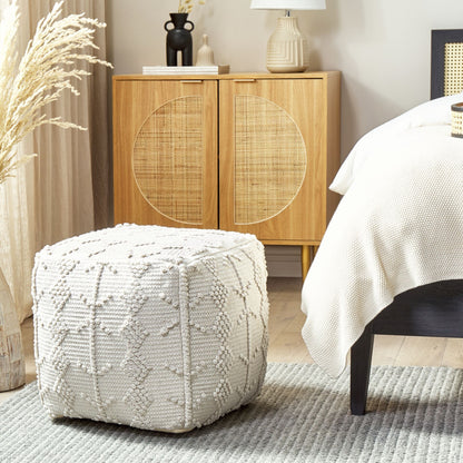 Pouffe White Cotton 40 x 40cm Geometric Knitted Pattern
