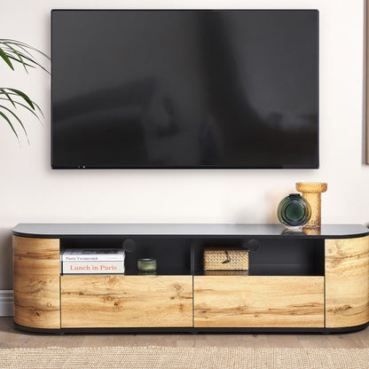 Rustic TV Stand Light Brown And Black Wood 2 Drawers