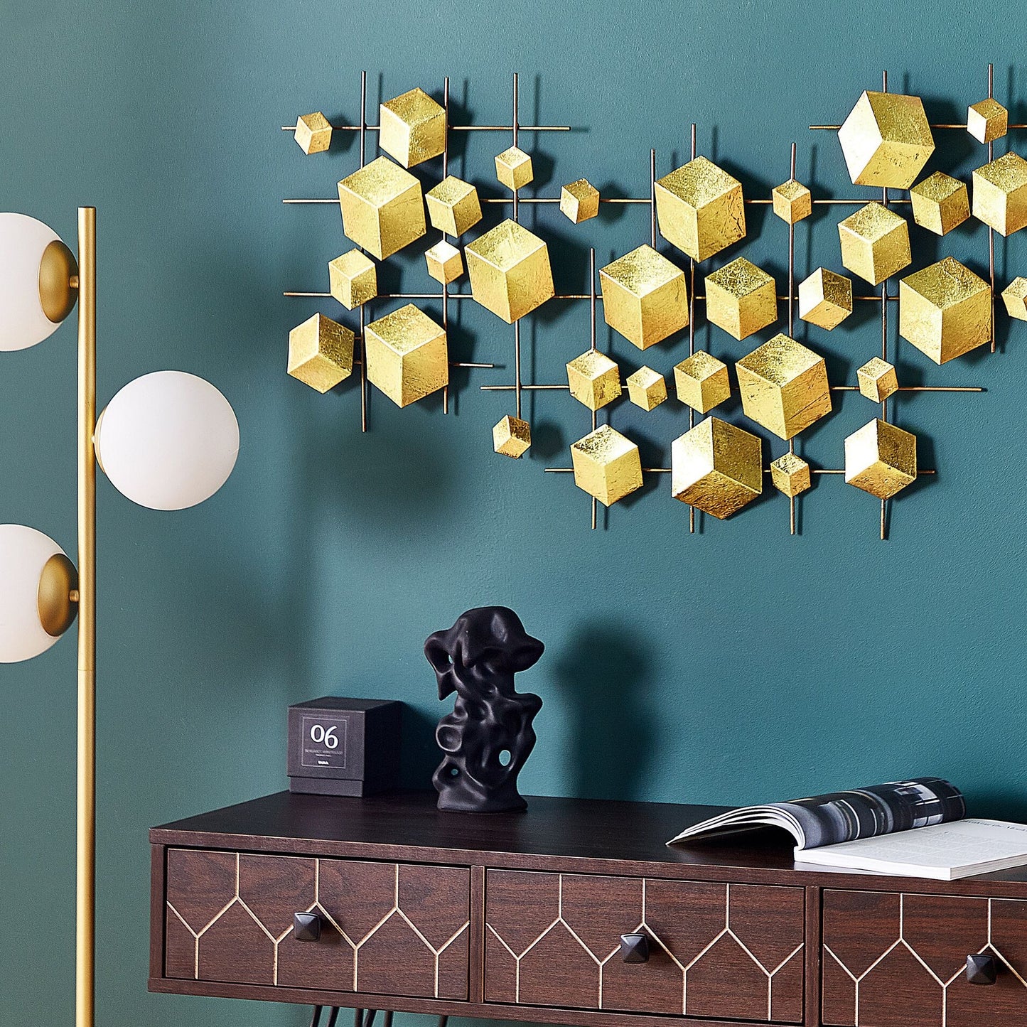 Gold Iron Geometric Wall Sculpture Cubes Glam Modern