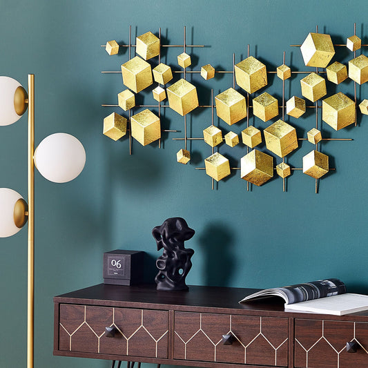 Gold Iron Geometric Wall Sculpture Cubes Glam Modern