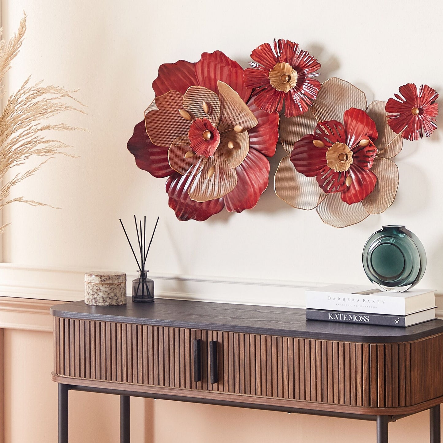 Red Iron Geometric Wall Art Flowers Sculpture