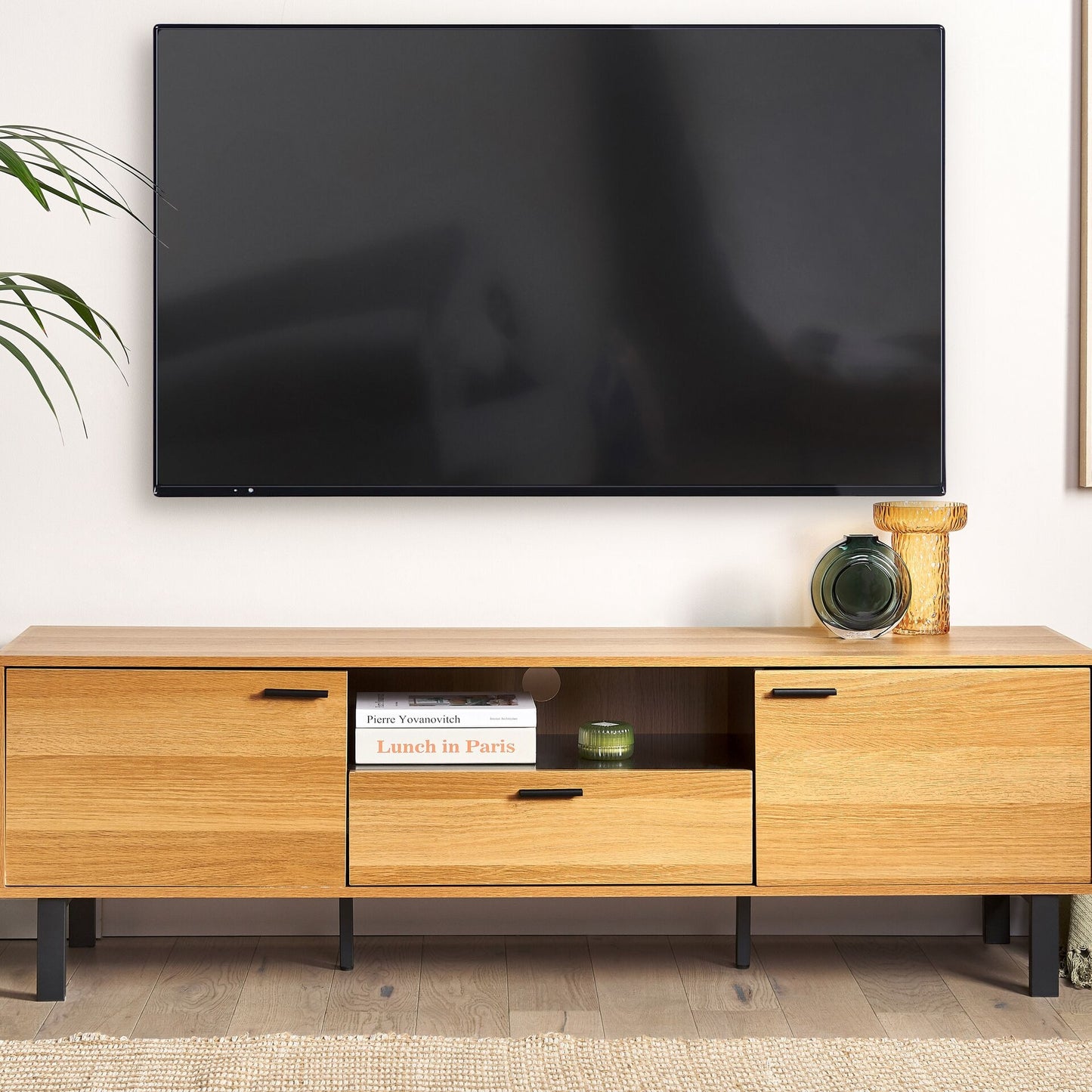 TV Stand 66Inch IndustrialStyle LightBrown Black DoorsDrawer