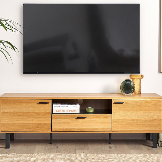 TV Stand 66Inch IndustrialStyle LightBrown Black DoorsDrawer