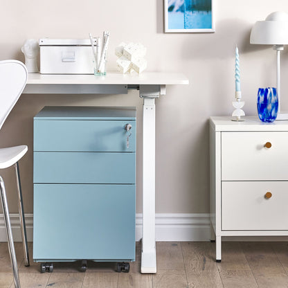 Light Blue Steel 3 Drawer Key Locked Storage With Castors