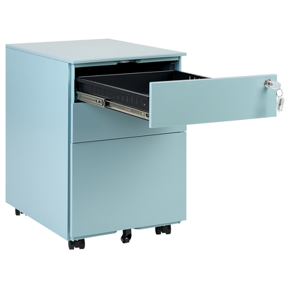 Light Blue Steel 3 Drawer Key Locked Storage With Castors
