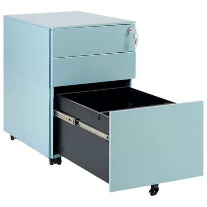 Light Blue Steel 3 Drawer Key Locked Storage With Castors