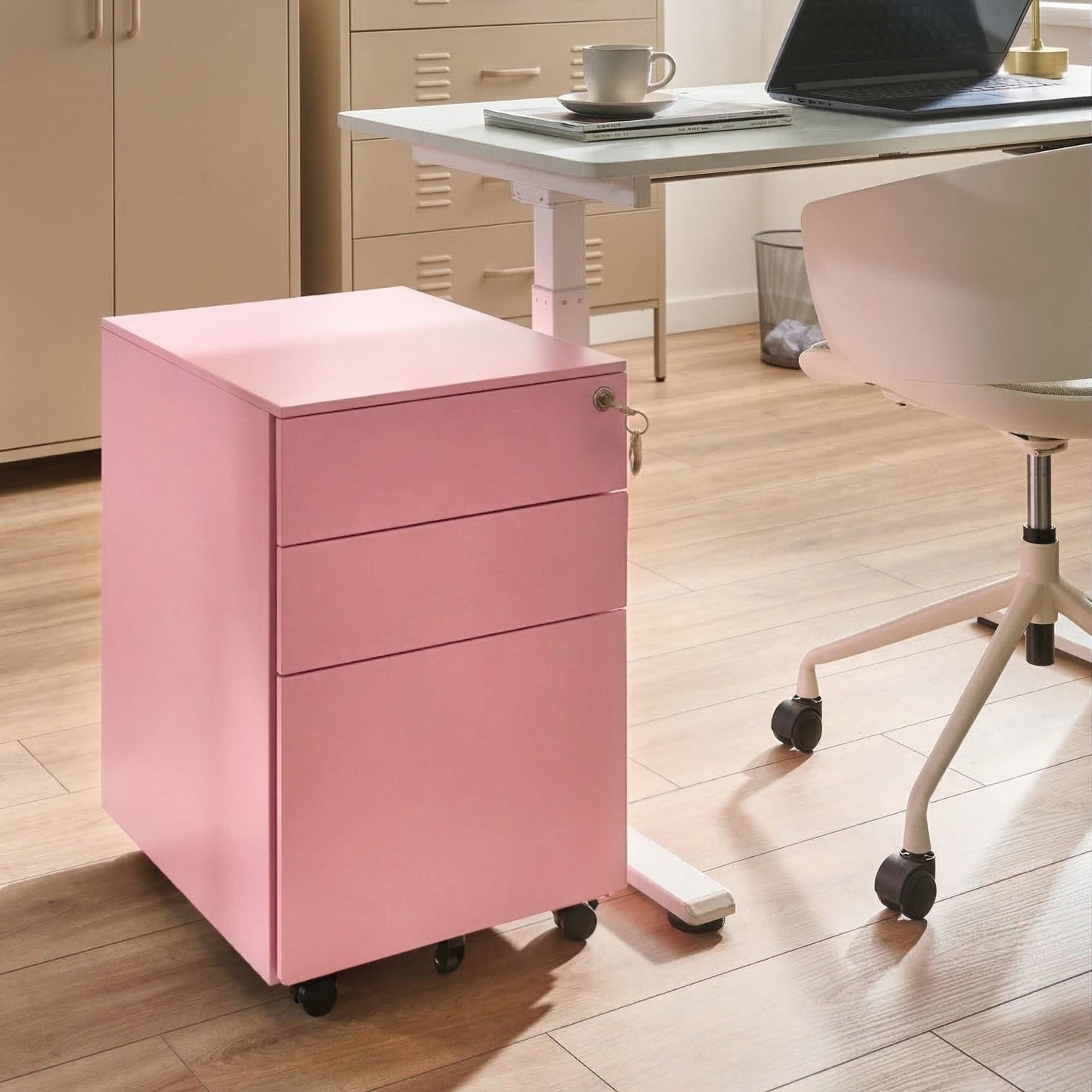 Nexa Office Pink Steel 3 Drawer Locking Storage Unit With Castors
