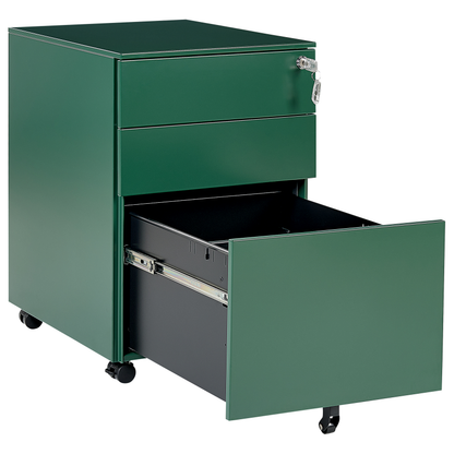 Green Steel 3 Drawer Locking Office Storage Unit Castors