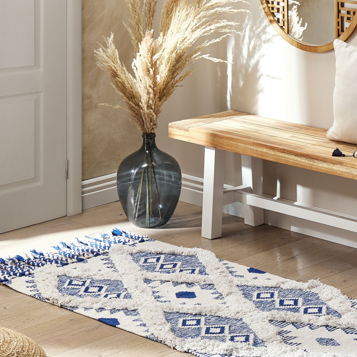 Runner Rug Light Beige and Blue 80 x 200cm Geometric Tassels