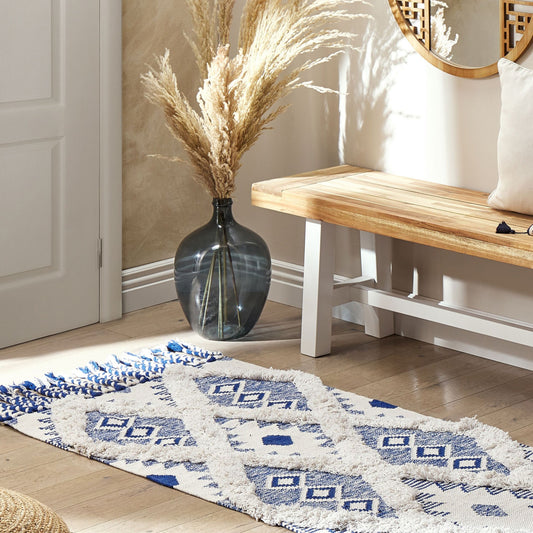 Runner Rug Light Beige and Blue 80 x 200cm Geometric Tassels