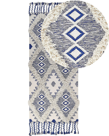 Runner Rug Light Beige and Blue 80 x 200cm Geometric Tassels