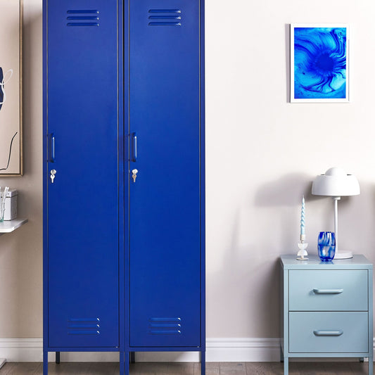 Navy Blue Metal Locker Storage Cabinet With Five Shelves And Rail For Home Office
