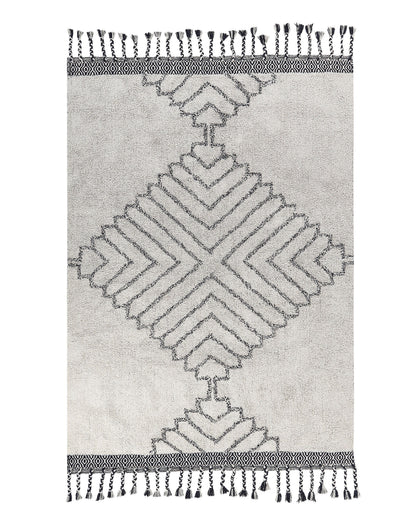 Handwoven Cotton Area Rug 140 x 200cm White Black Tassels Geometric Modern Boho Living Room