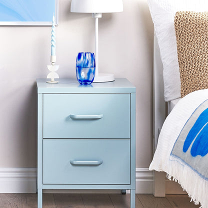 Bedside Table Nightstand Light Blue Steel 2 Drawers
