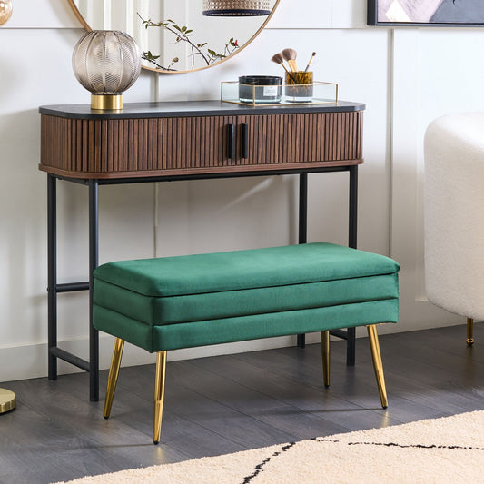 Dark Green Velvet Storage Bench With GoldToned Legs
