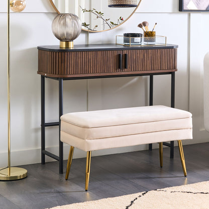 Living Bedroom Storage Bench Off White Velvet Upholstery With Golden Legs And Tufted Surface