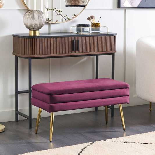 Design Burgundy Velvet Bedroom Storage Bench With Gold Legs