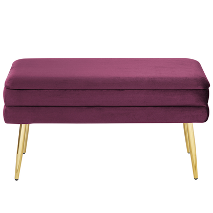 Design Burgundy Velvet Bedroom Storage Bench With Gold Legs