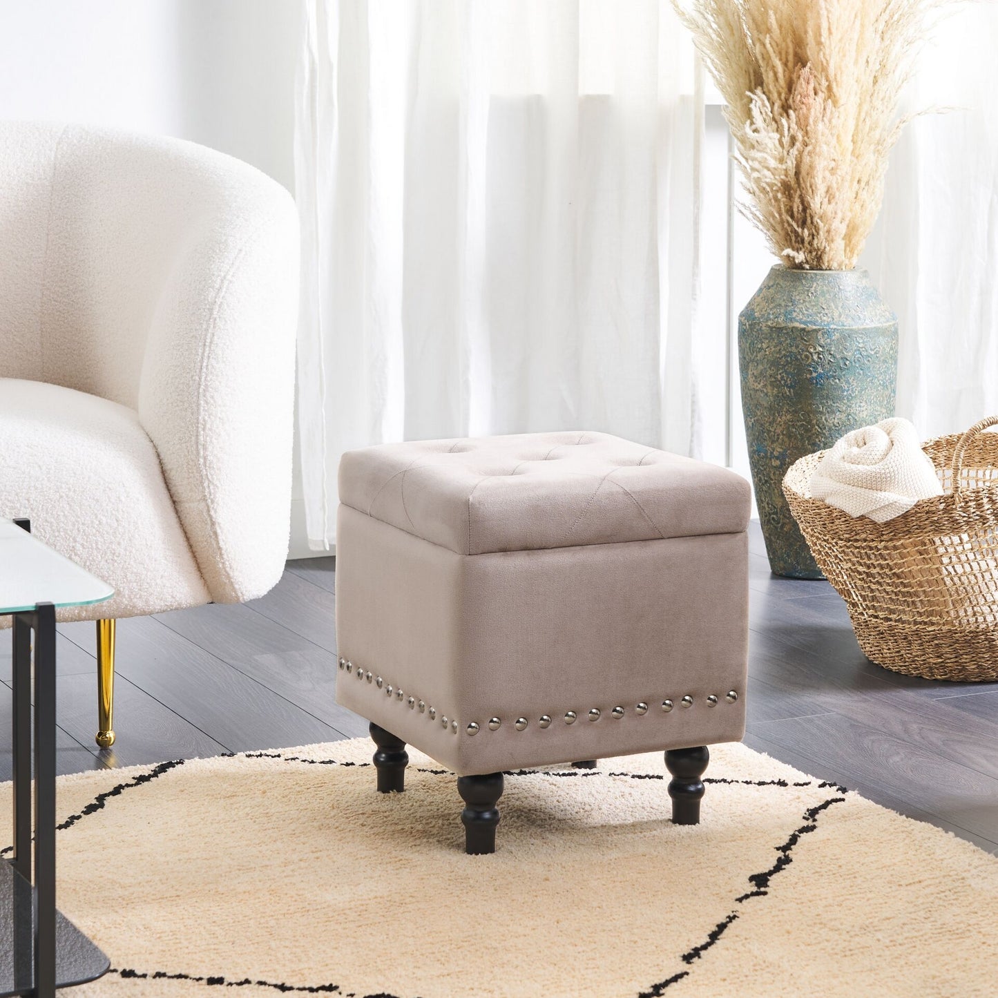 Footstool Beige Velvet Upholstery Button Tufted With Nailhead Trim And Solid Wood Legs