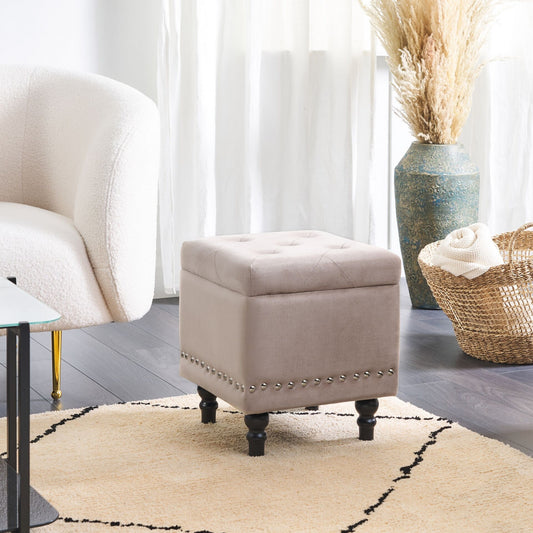 Footstool Beige Velvet Upholstery Button Tufted With Nailhead Trim And Solid Wood Legs