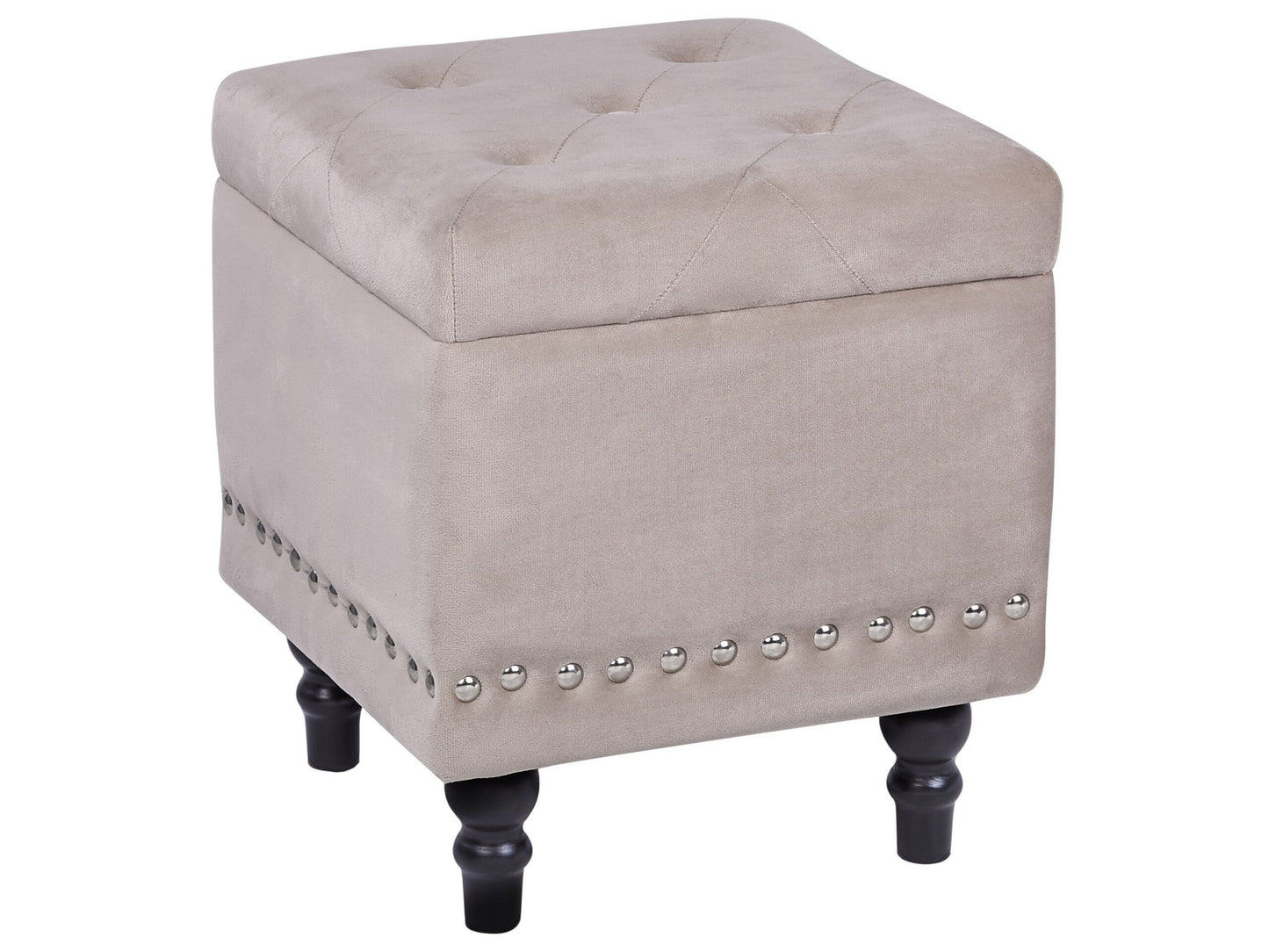 Footstool Beige Velvet Upholstery Button Tufted With Nailhead Trim And Solid Wood Legs