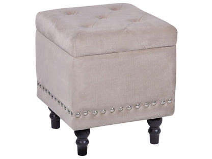 Footstool Beige Velvet Upholstery Button Tufted With Nailhead Trim And Solid Wood Legs