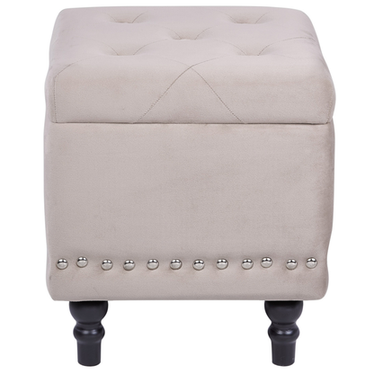 Footstool Beige Velvet Upholstery Button Tufted With Nailhead Trim And Solid Wood Legs