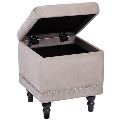 Footstool Beige Velvet Upholstery Button Tufted With Nailhead Trim And Solid Wood Legs