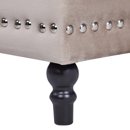 Footstool Beige Velvet Upholstery Button Tufted With Nailhead Trim And Solid Wood Legs
