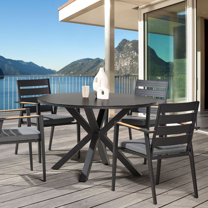 Garden Dining Table Black Aluminium Round 120cm Outdoor Modern Weather Resistant Ceramic Glass Top