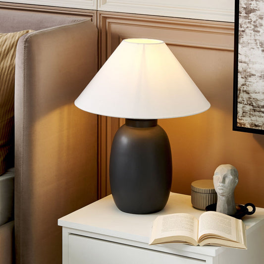 Table Lamp Black Ceramic White Cone Shade 53cm Handmade