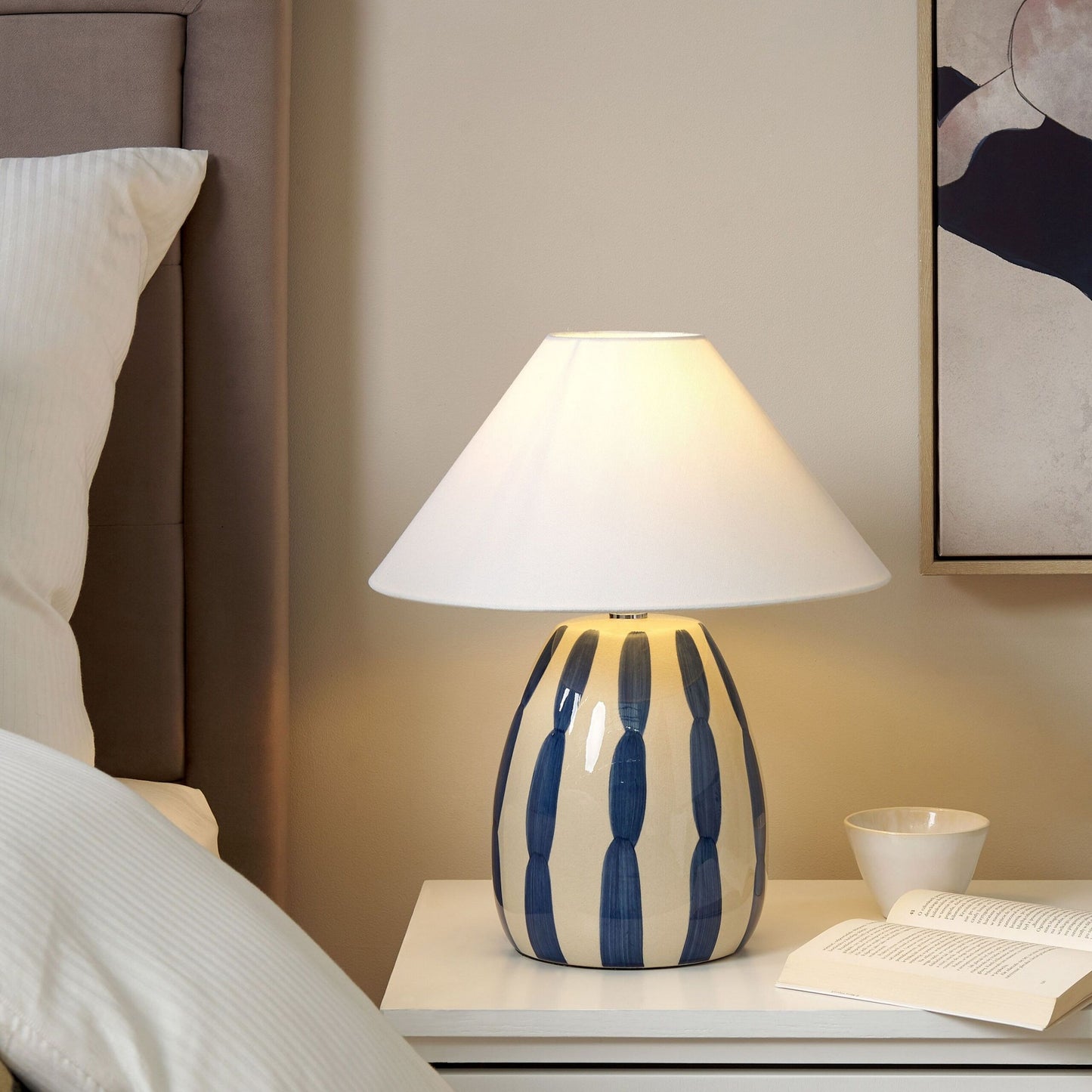 Ceramic Table Lamp 41cm Beige Blue White Cone Shade Handmade